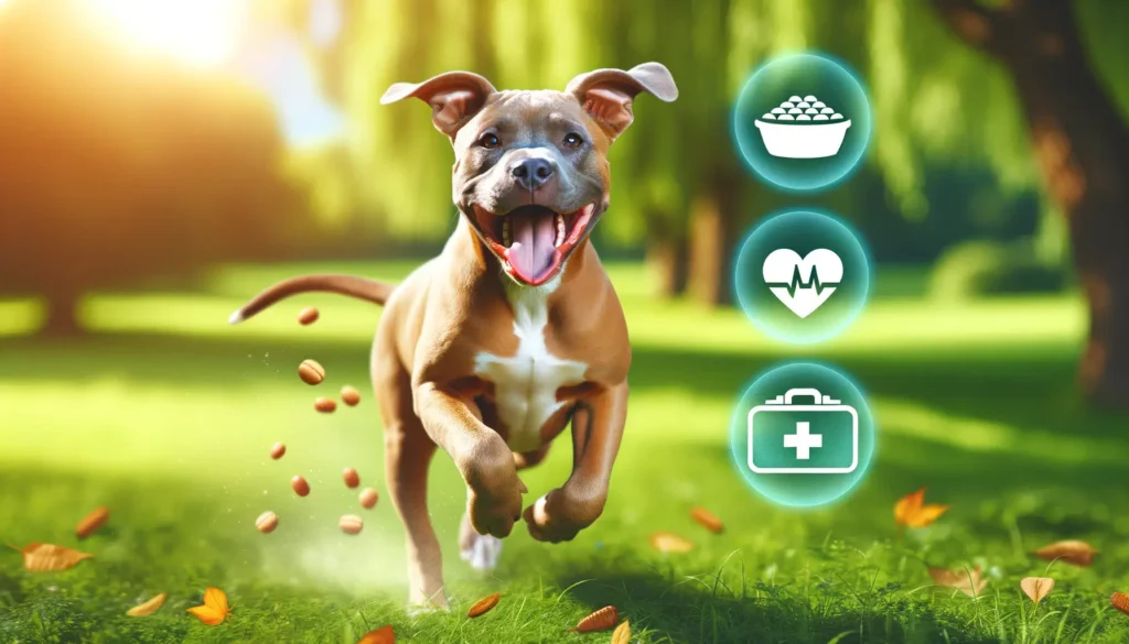 Photo of a joyful pitbull playing in a vibrant green park. The dog is in mid-run, with its tongue out and ears perked up. In the corners of the image are semi-transparent icons: a bowl of healthy dog food on the bottom left, a vet's medical bag on the top right, and a glowing heart symbol on the bottom right.