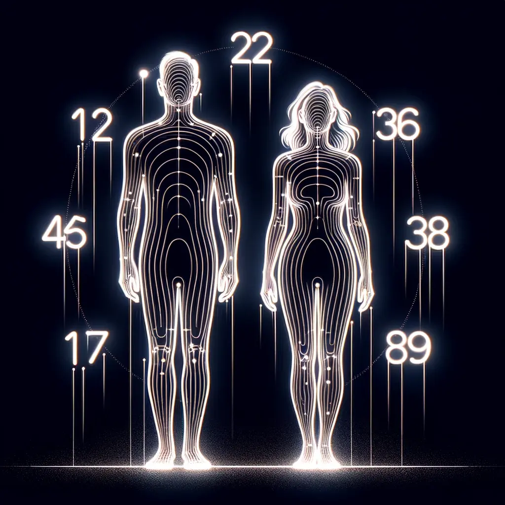 Illustration of a dark backdrop with the outlined figures of a man and a woman. Hovering over them are glowing numbers signifying ages from childhood to old age.