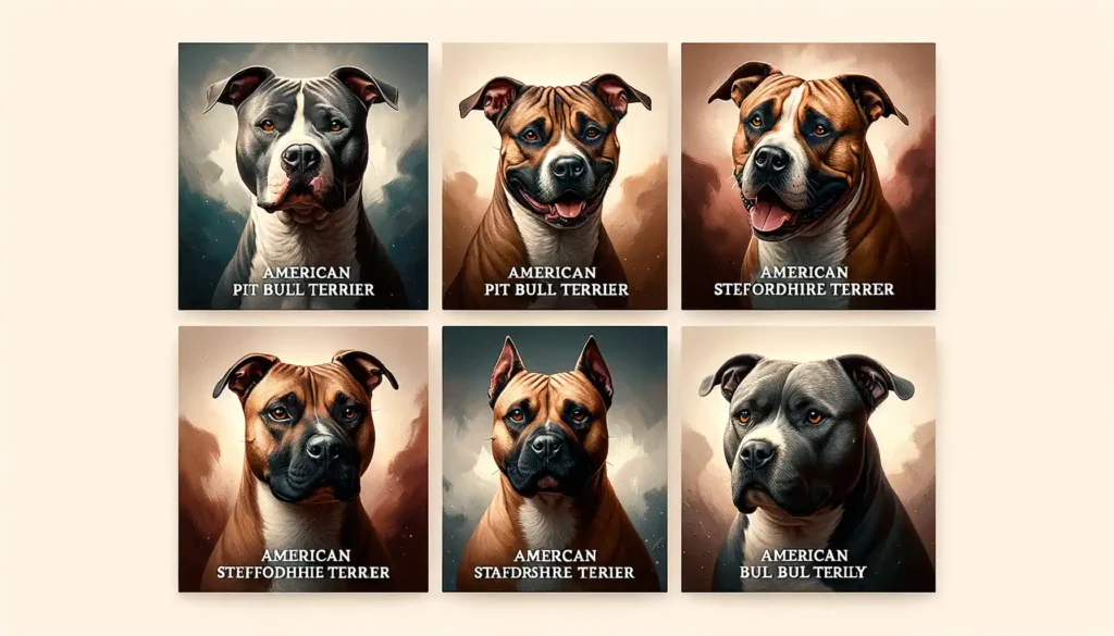 Banner image displaying four distinct sections, each dedicated to one of the top pitbull breeds. From left to right: 1. American Pit Bull Terrier - a medium-sized, solidly built dog with a short coat and well-defined muscle structure. 2. American Staffordshire Terrier - slightly stockier with a broad head and a short, glossy coat. 3. Staffordshire Bull Terrier - smaller in stature with a powerful build and a distinct face. 4. American Bully - a muscular and compact dog with a short coat and a wide chest. Each section has a high-quality image of the breed against a soft, complementary background.