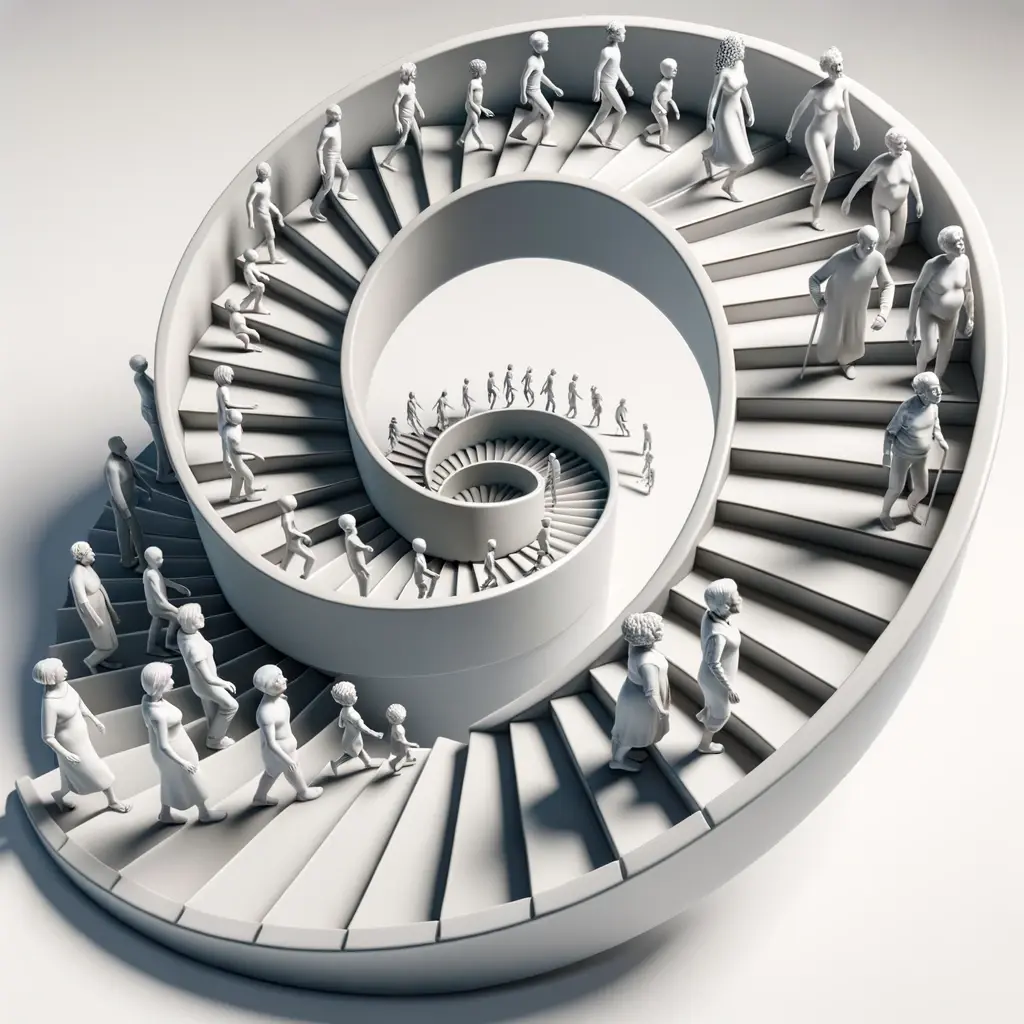 Render of a 3D spiral staircase, with human figures of different genders and descents at each step, representing different ages from infancy to elderly, signifying the journey of life.