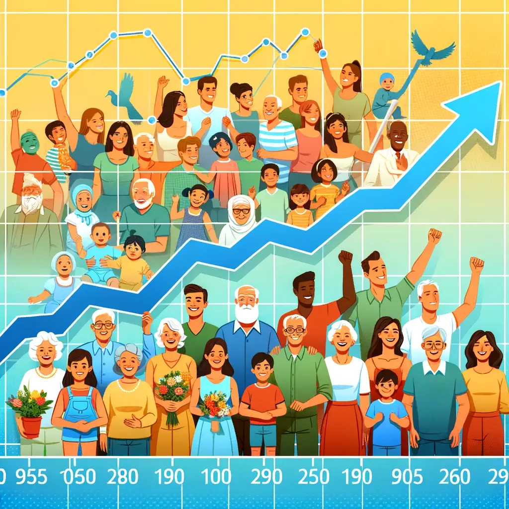 Vector graphic of a line graph, plotting the rise of global life expectancy over the decades. The background displays a montage of diverse families from different eras celebrating life.