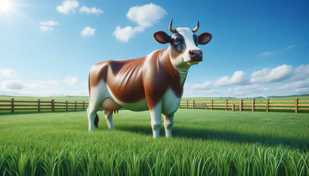 A cow standing in a lush green field under a clear blue sky.