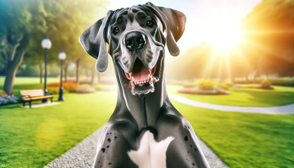 A happy Great Dane in a playful and joyful pose, with a broad smile.