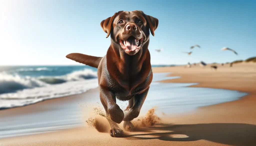 A chocolate brown happy Labrador Retriever playing on the beach with ocean waves and seagulls in the background.