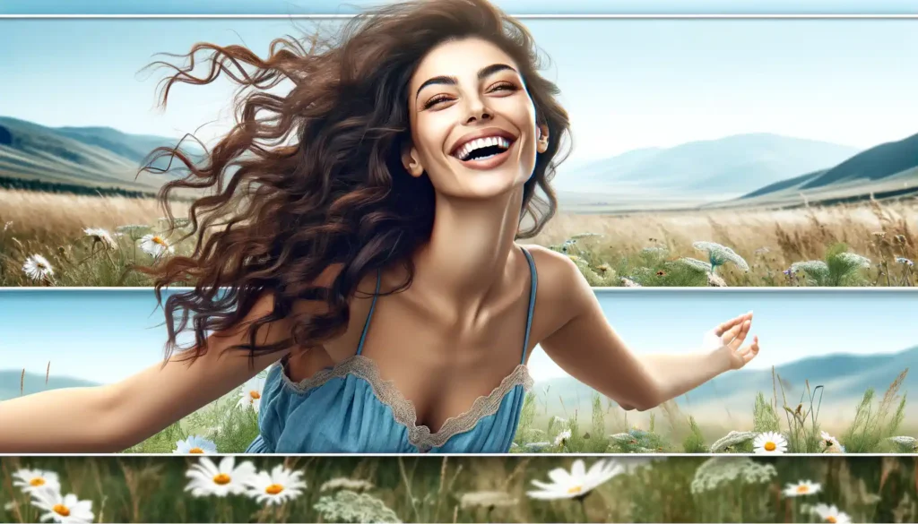 Middle Eastern woman with curly brown hair joyfully standing in a wildflower field against a mountainous backdrop for a banner image.