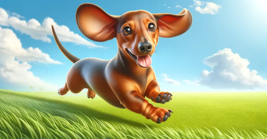 A playful Dachshund joyfully running on grass in a sunny park.