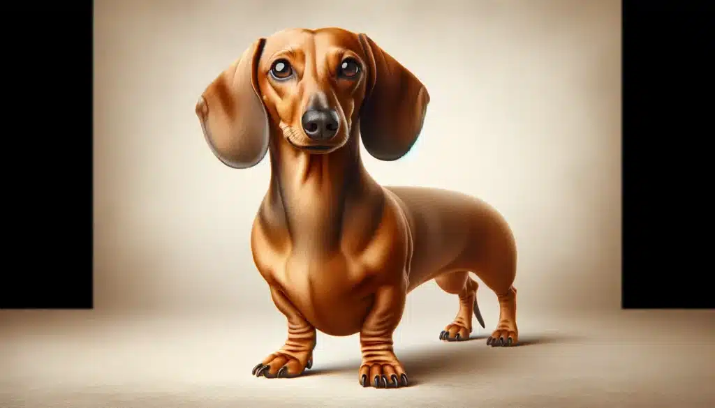 A playful Dachshund standing alert on a grassy field.