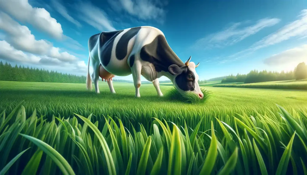 A serene cow peacefully grazing on lush green grass in a pastoral setting.