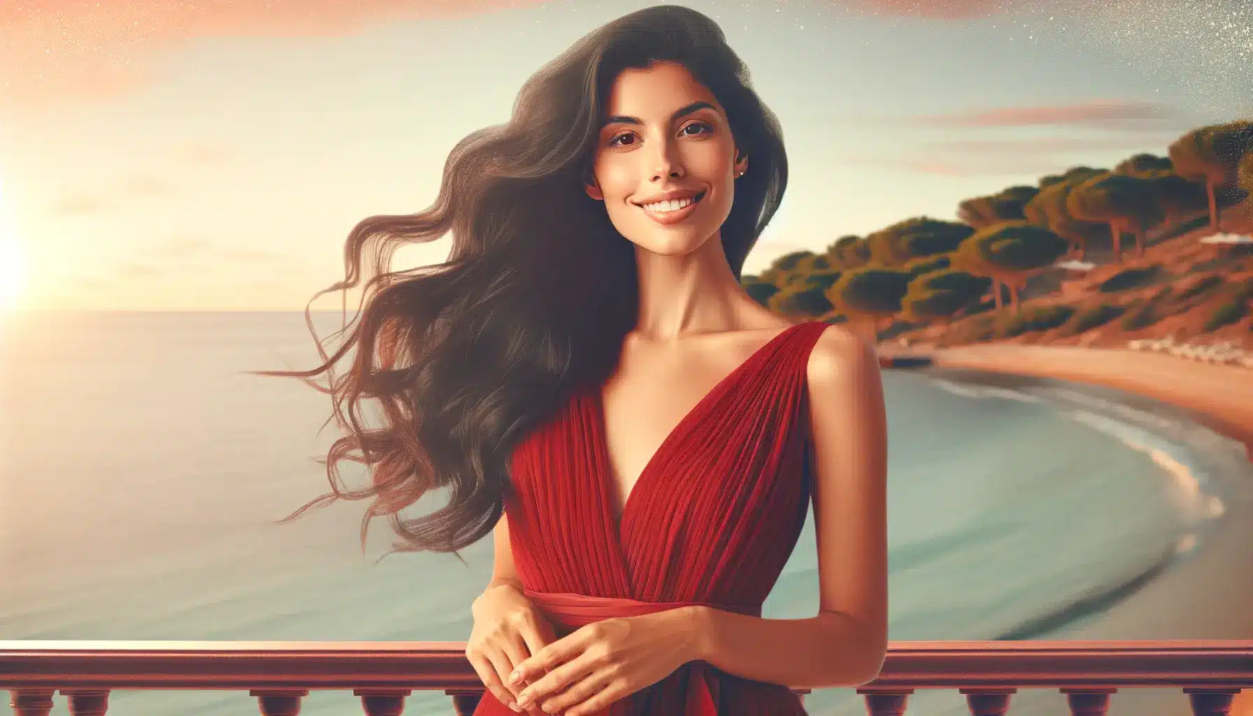 Hispanic woman in a red dress smiling on a beachfront balcony at sunset in a banner-sized image.