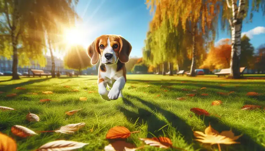 A Beagle dog running across a park with autumn leaves and trees, under a blue sky.