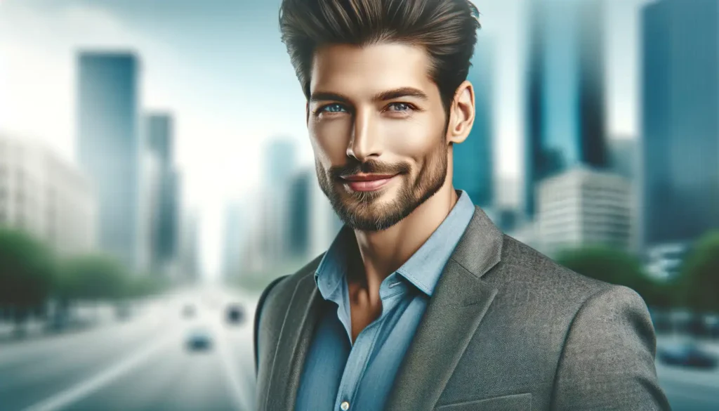 Confident Caucasian man in a blazer smiling against a city backdrop on a banner-sized image.