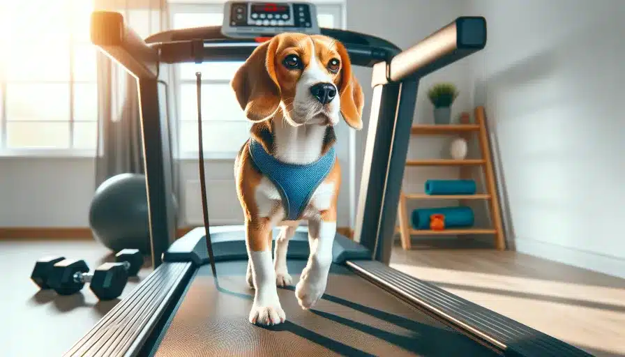 A beagle dog walking on a treadmill in a home gym, with exercise equipment and a sunny view outside the window.