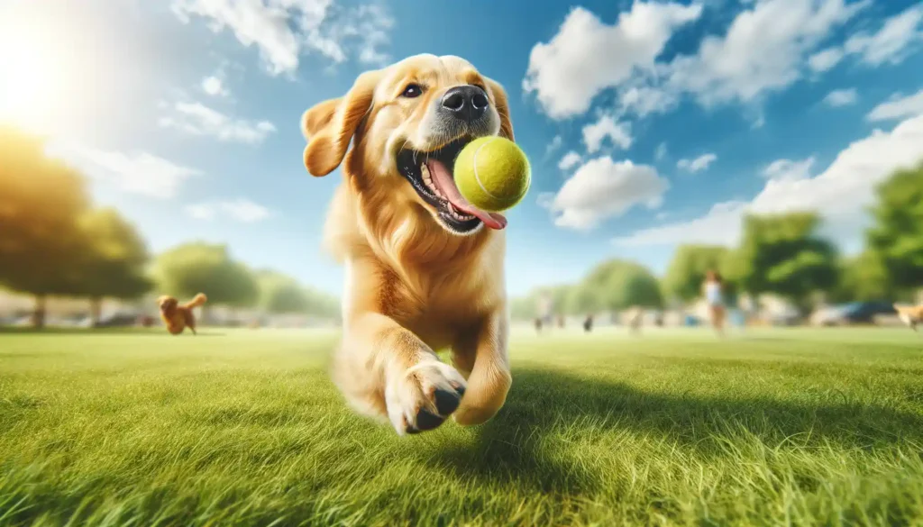 A Golden Retriever chases a tennis ball in a sunlit park with a backdrop of a blue sky and distant figures.