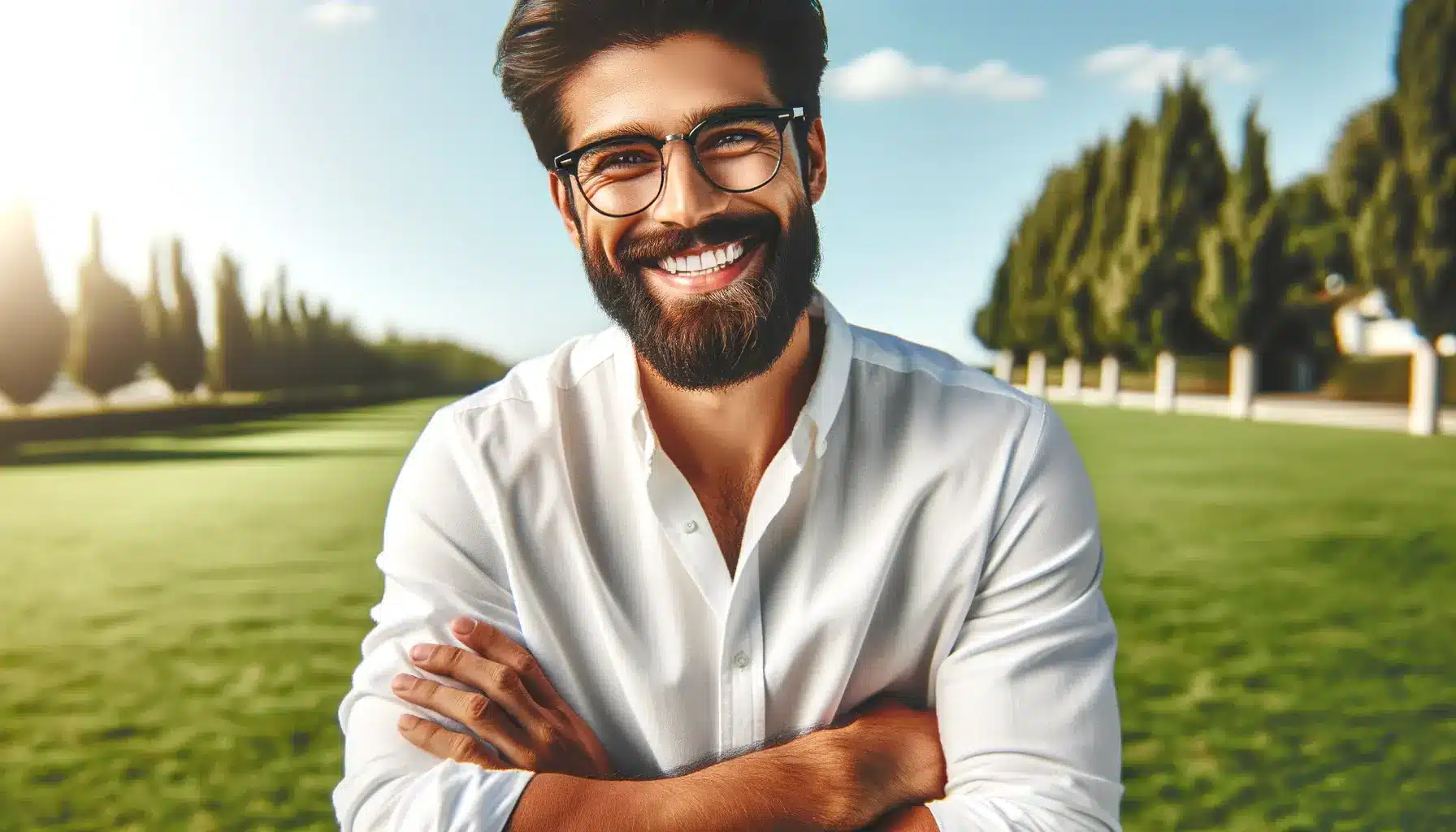 Banner image of a cheerful South Asian man with a beard, wearing glasses and a white shirt, against a sunny outdoor backdrop.