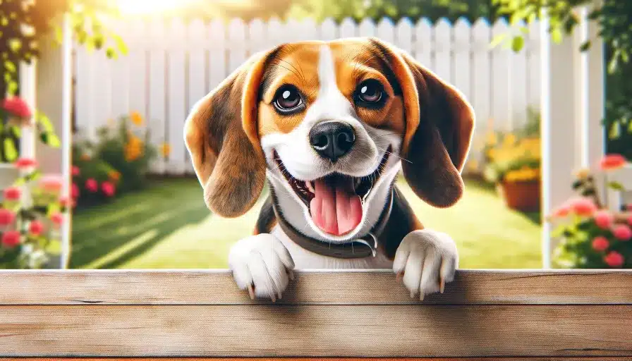 A joyful Beagle in play bow position with a smile and wagging tail in a sunny garden.