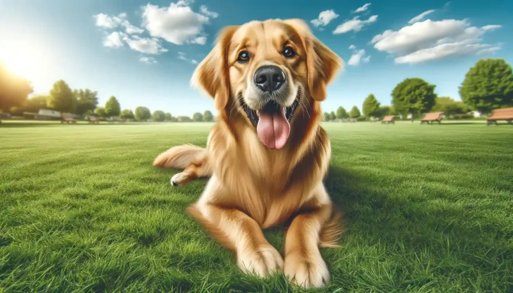 A Golden Retriever in a playful pose on vibrant green grass under a sunny sky with fluffy clouds.