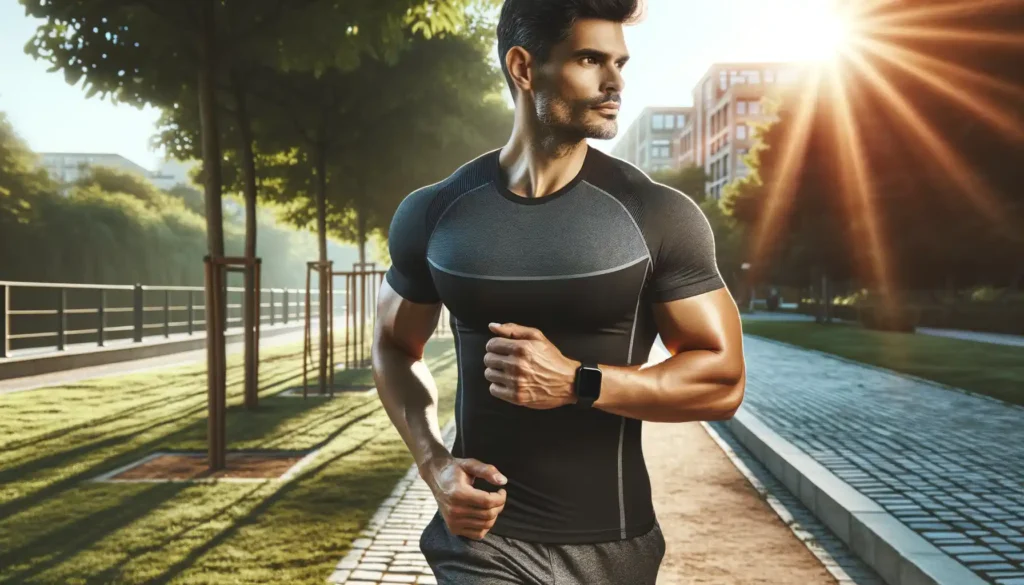 Hispanic man jogging in a city park at dawn, exuding health and fitness.