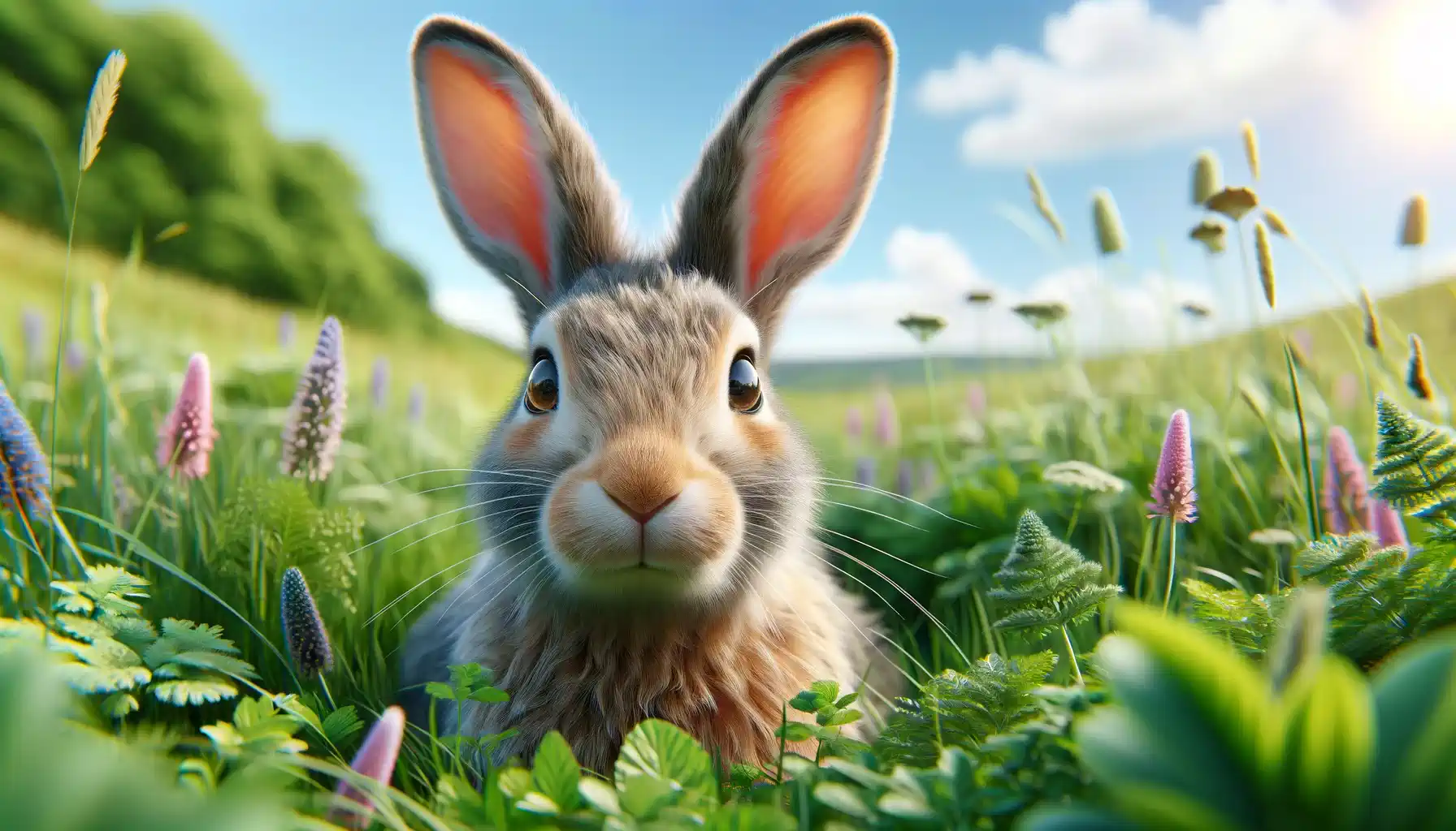 Realistic image of a brown rabbit sitting in green grass, perfect for a blog post banner.