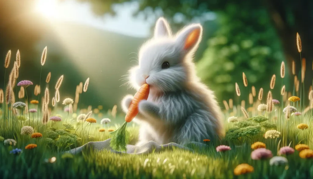 Realistic image of a rabbit nibbling on a carrot in a grassy field, captured in a banner format.