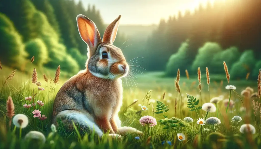 Realistic image of a rabbit sitting in green grass, perfect as a banner for a blog post.