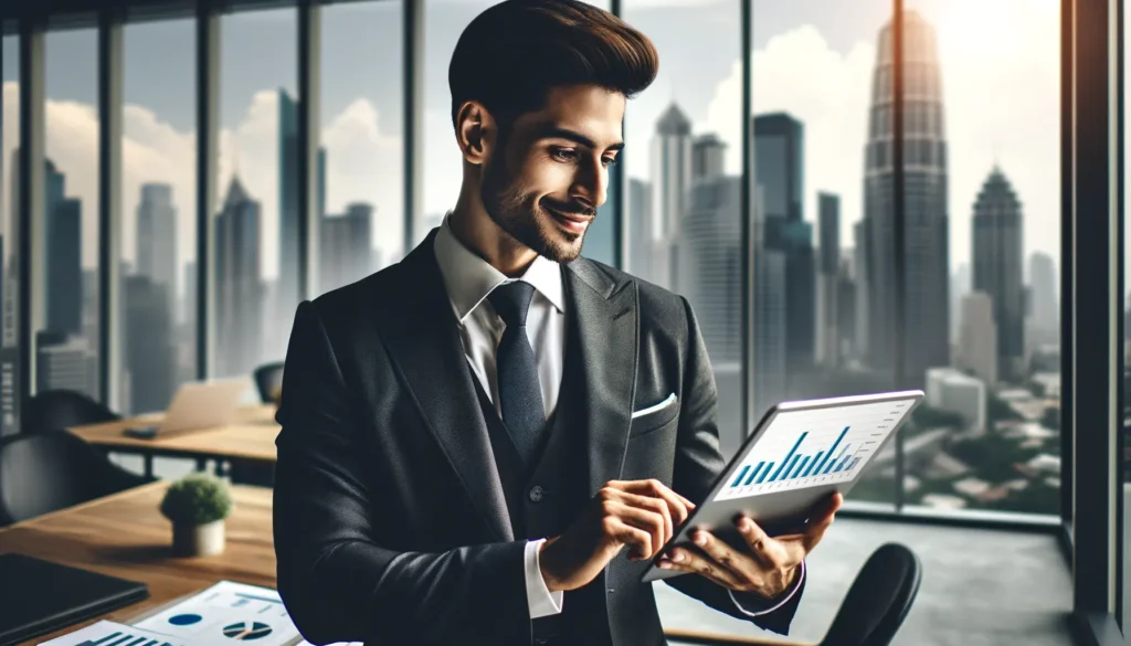 A Middle-Eastern man in a suit using a tablet with financial charts in a high-rise office overlooking a city.