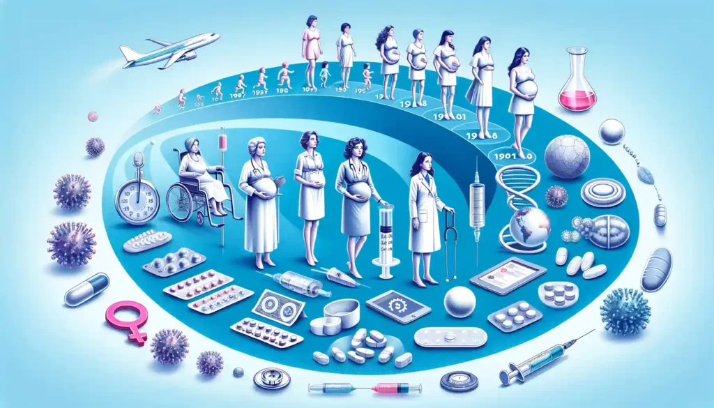 Visual timeline of the evolution of women's healthcare, highlighting key medical advancements and treatments.