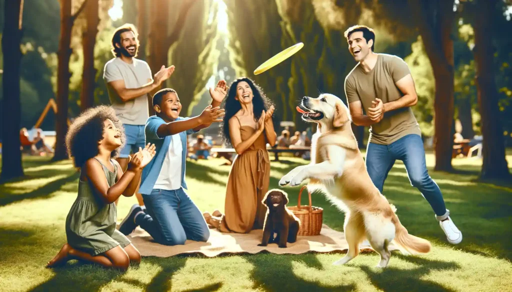 A Golden Retriever playing fetch with a diverse group of people on a sunny day.