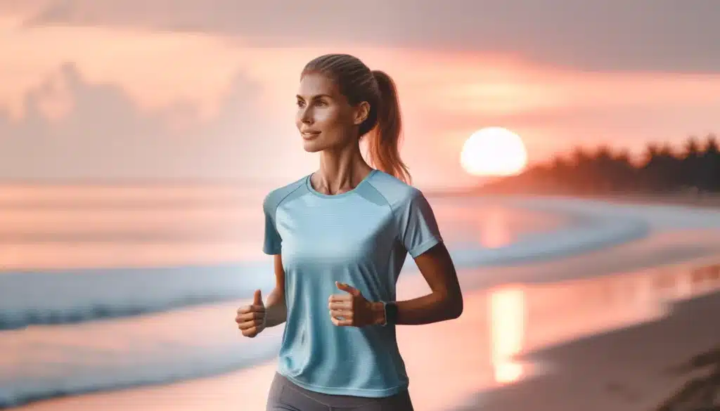 Fit Caucasian woman jogging on the beach at sunset with a serene ocean backdrop.